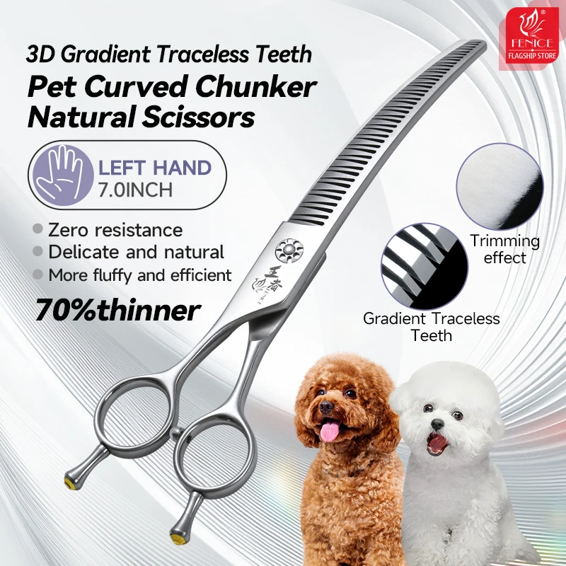 Fenice VG10 mano izquierda 7 pulgadas 3D dientes sin rastro tijeras curvas para el cuidado de perros tijeras de peluquería naturales para caninos 70%