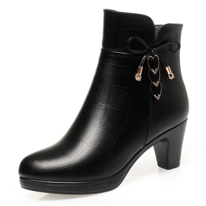 Botas de moto de felpa de cuero suave, cómodas y elegantes, 6cm, 8cm, zapatos de tacón alto de bloque de invierno, botines cálidos para oficina - imagen 5