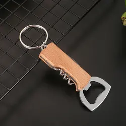 Llavero abridor de botellas acero inoxidable mango madera sacacorchos