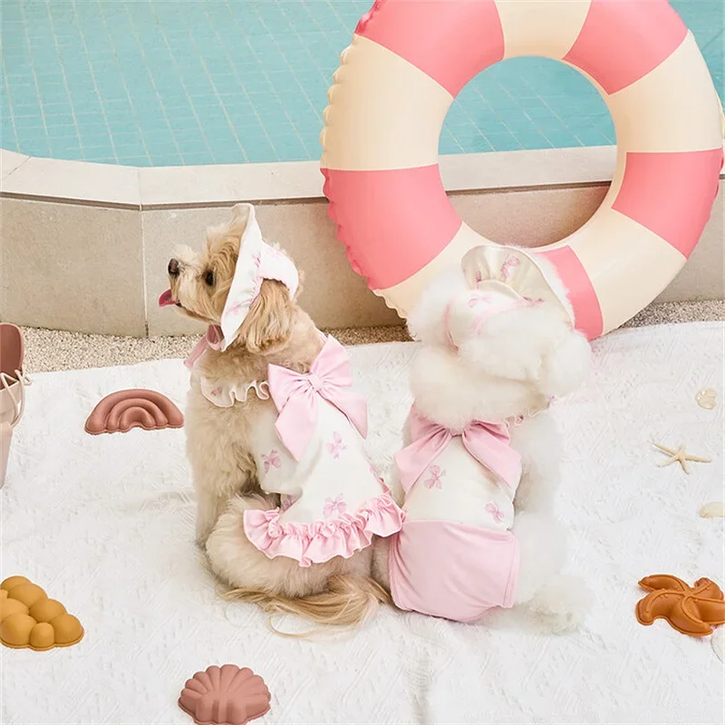1/Set de traje de baño estampado de verano para perros, traje de baño con tirantes y lazo rosa para gatos, traje de baño de dos piernas a la moda, mono para mascotas, ropa para perros de peluche, ropa para cachorros