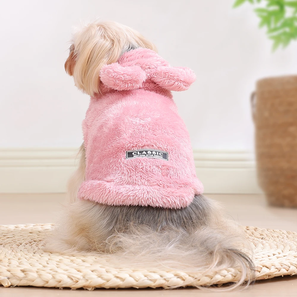 Sudaderas con capucha suaves para perros, sudaderas con capucha cálidas de lana para invierno para perros pequeños y medianos, gatos, Orejas de conejo, disfraz divertido para mascotas, abrigo bonito de Yorkshire - imagen 4