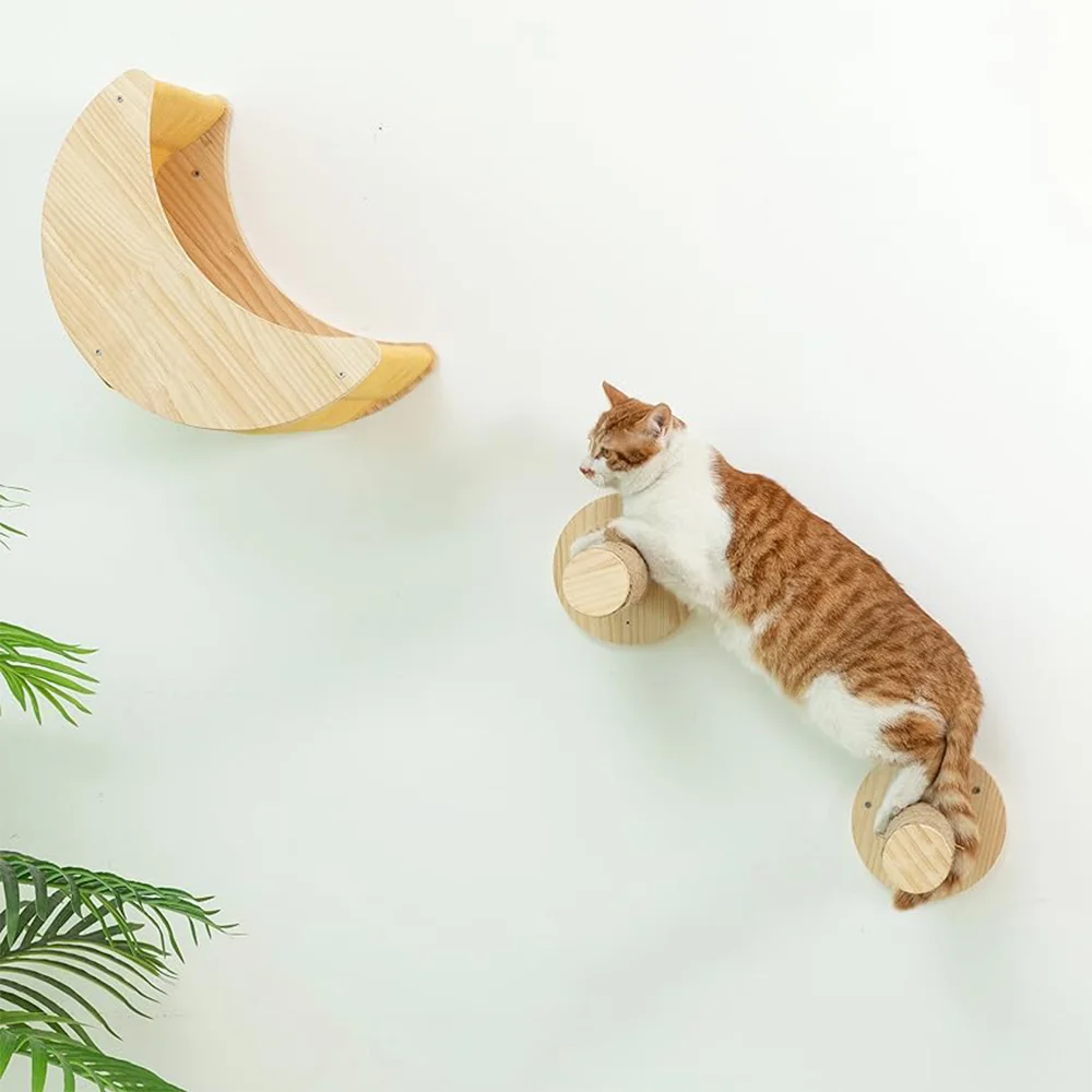 Estantes de madera para gatos montados en la pared y escalera de escalada, juego de hamaca y poste de rascado para gatito, jugando y durmiendo - imagen 5