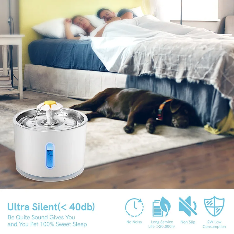 Fuente de agua automática para mascotas, alimentador de agua de acero inoxidable para perros, cuenco para mascotas, bebedero silencioso USB para gatos, dispensador de agua para mascotas con luz LED - imagen 2