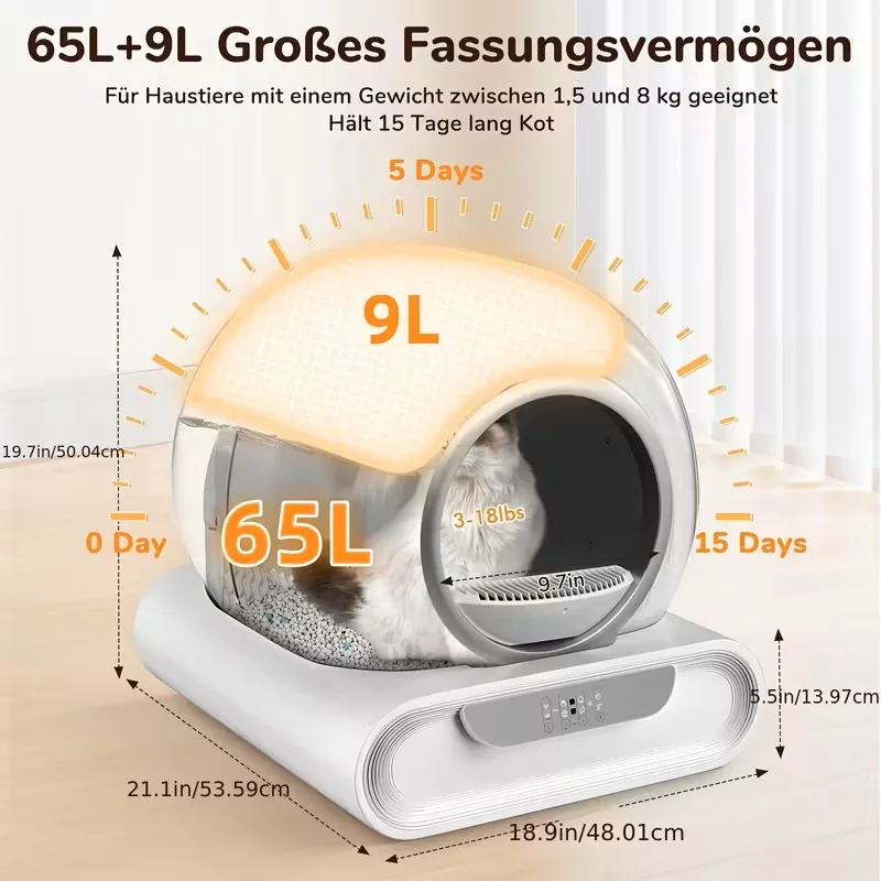 Caja de arena automática para gatos de 65L, autolimpiante, totalmente cerrada, bandeja de inodoro inteligente para mascotas, Panel de aleación para múltiples gatos - imagen 5