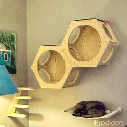 Hamaca de pared para gatos – Escalera y descanso de madera natural