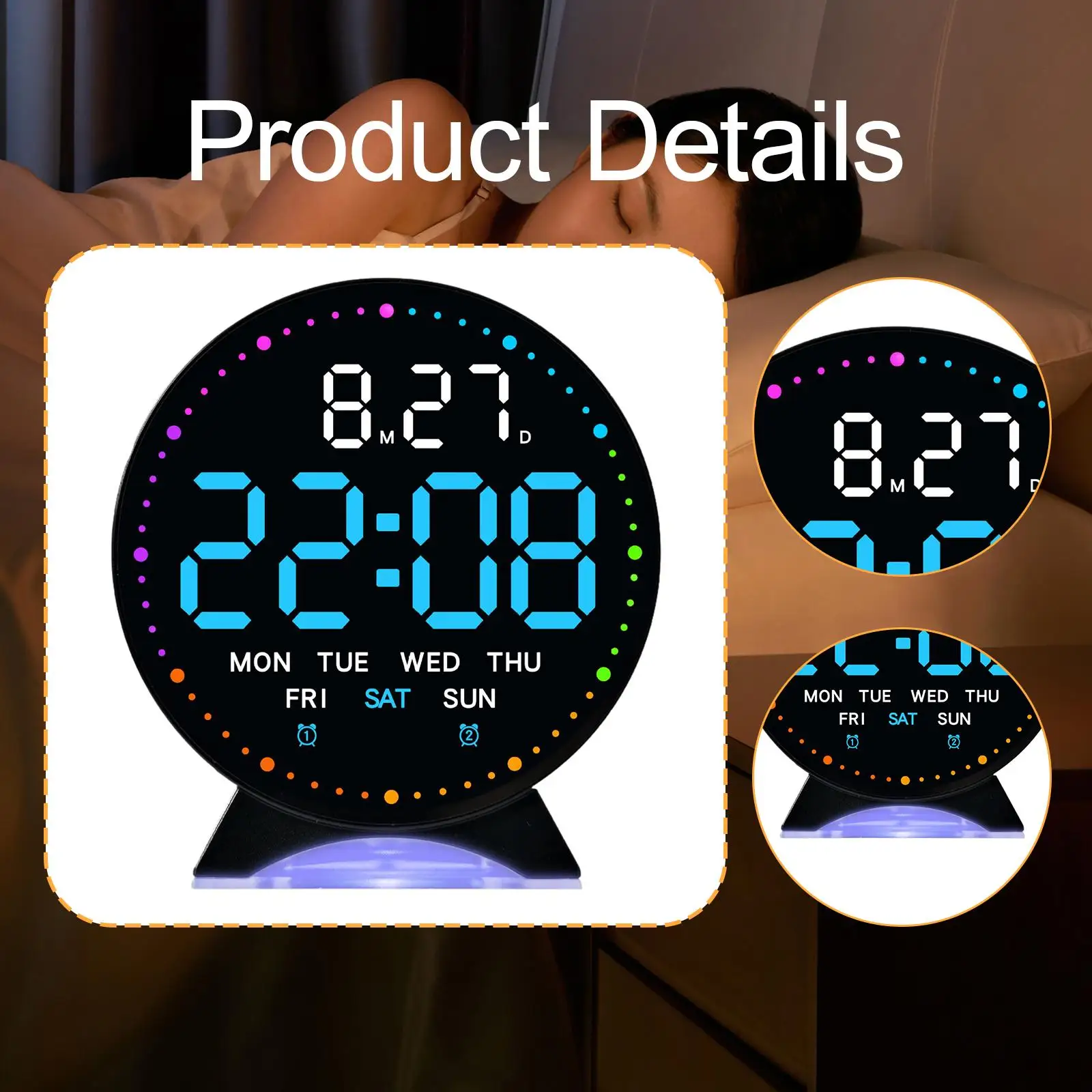 Reloj despertador con pantalla LED, hora multifuncional, fecha, semana, decoración del hogar, relojes de noche de 12/24H para mesita de noche, oficina y hogar - imagen 5