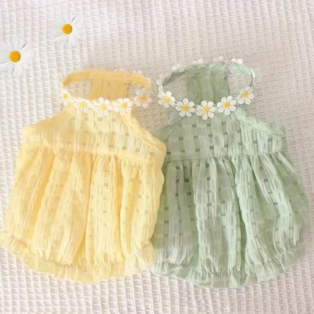 Falda bonita para perro pequeño, vestido fino amarillo con cuello de corona Floral, vestido para gato pequeño, Mini vestido de princesa para cachorro, falda para gato transpirable - imagen 5