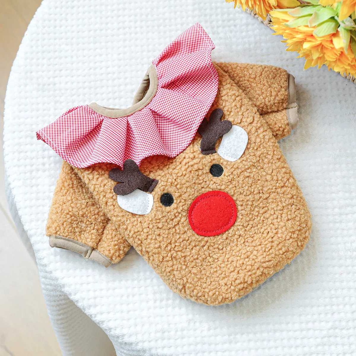 Ropa navideña esponjosa para mascotas, disfraz para perros, abrigo de piel con cuello a cuadros, abrigo de alce, trajes de invierno para perros pequeños, ropa para mascotas - imagen 5