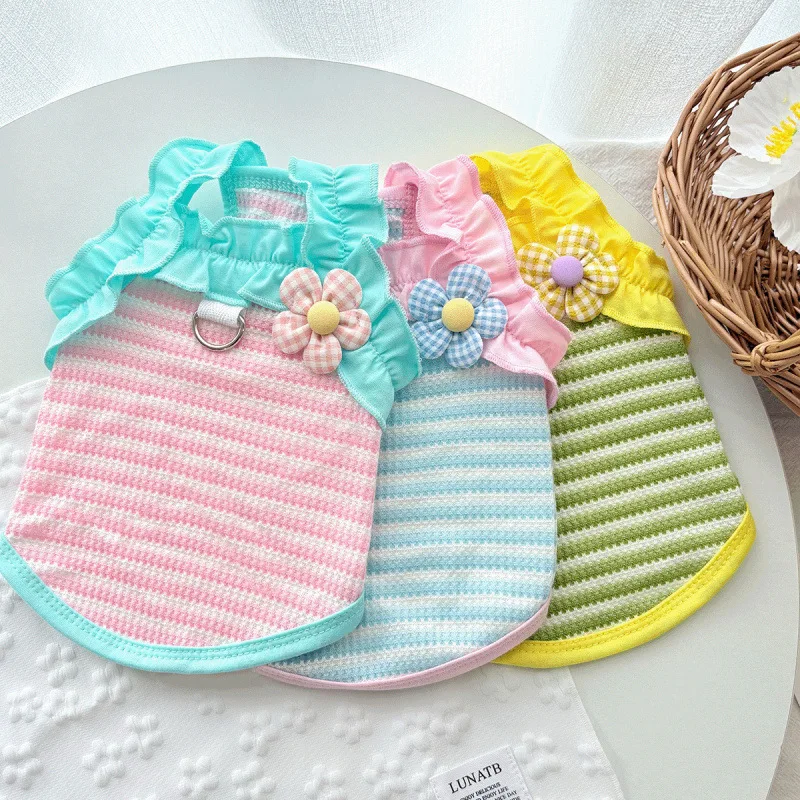 Chaleco con lazo de color caramelo para mascotas, camisola fina a rayas para gatos, Top de peluche para mascotas, ropa para cachorros, refrigeración para perros