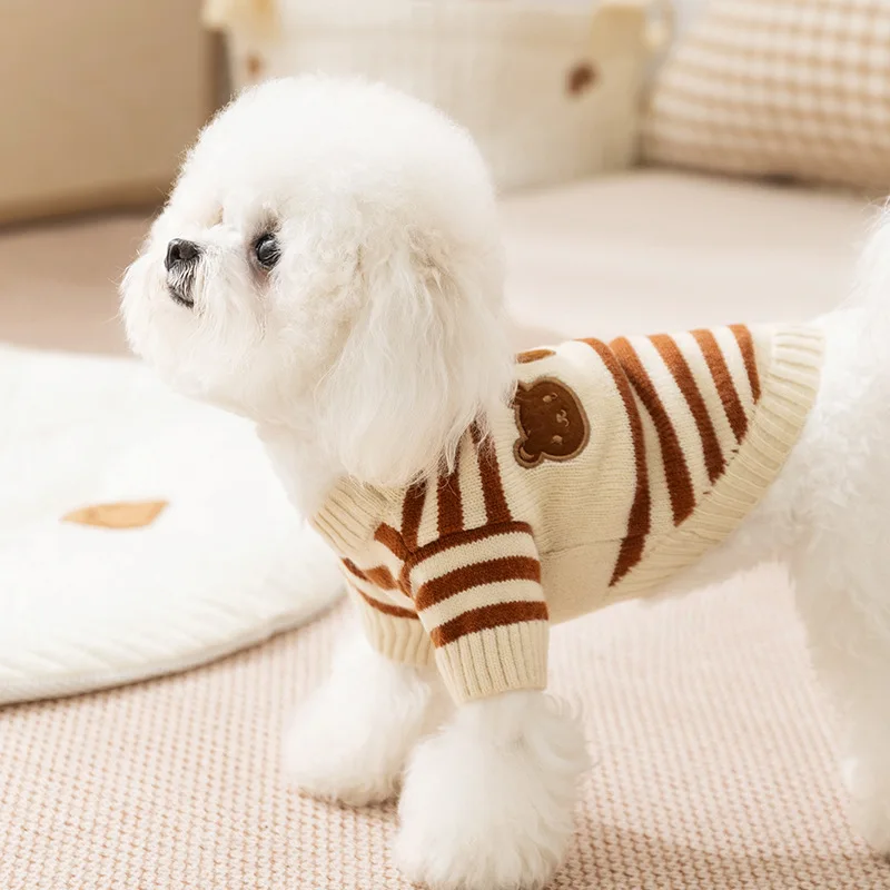 Ropa de invierno para cachorros, suéter bordado de Bichon Frise con osos, ropa cálida de invierno para mascotas, suéter de punto a rayas dulces - imagen 3