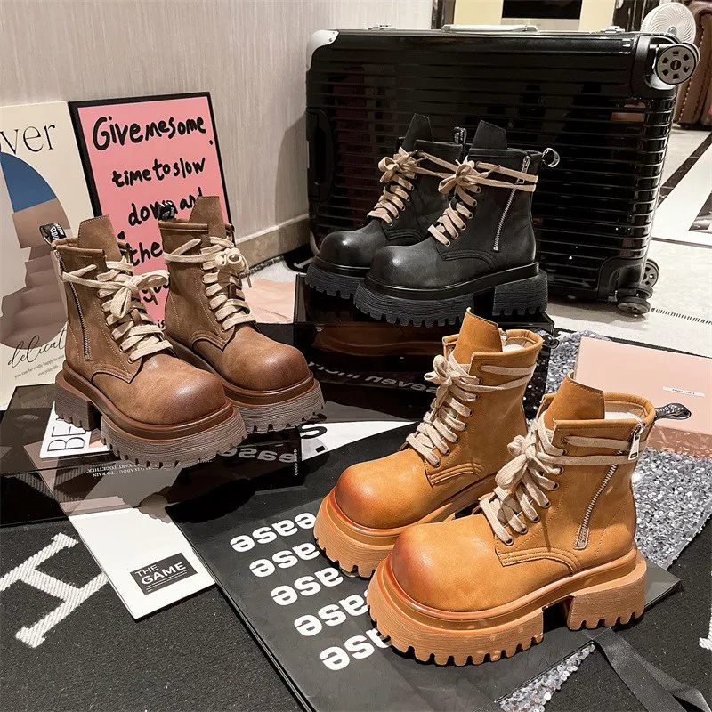 Botas Ort para mujer, novedad de 20225, Sle Thi Bot, motocicleta con realce, cabeza grande, ropa de trabajo Retro, botas occidentales, botas amarillas - imagen 4