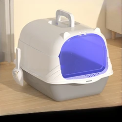 Caja de arena grande totalmente cerrada para gatos, inodoro antisalpicaduras para mascotas con asa, desodorante para lavabo de mierda para gatos