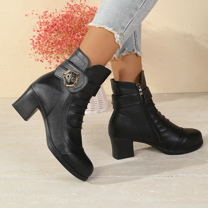 Zapatos para mamá, zapatos individuales, suela suave, tacón medio, estilo primavera y otoño, zapatos negros de tacón grueso para mujer, zapatos antideslizantes de mediana edad - imagen 4