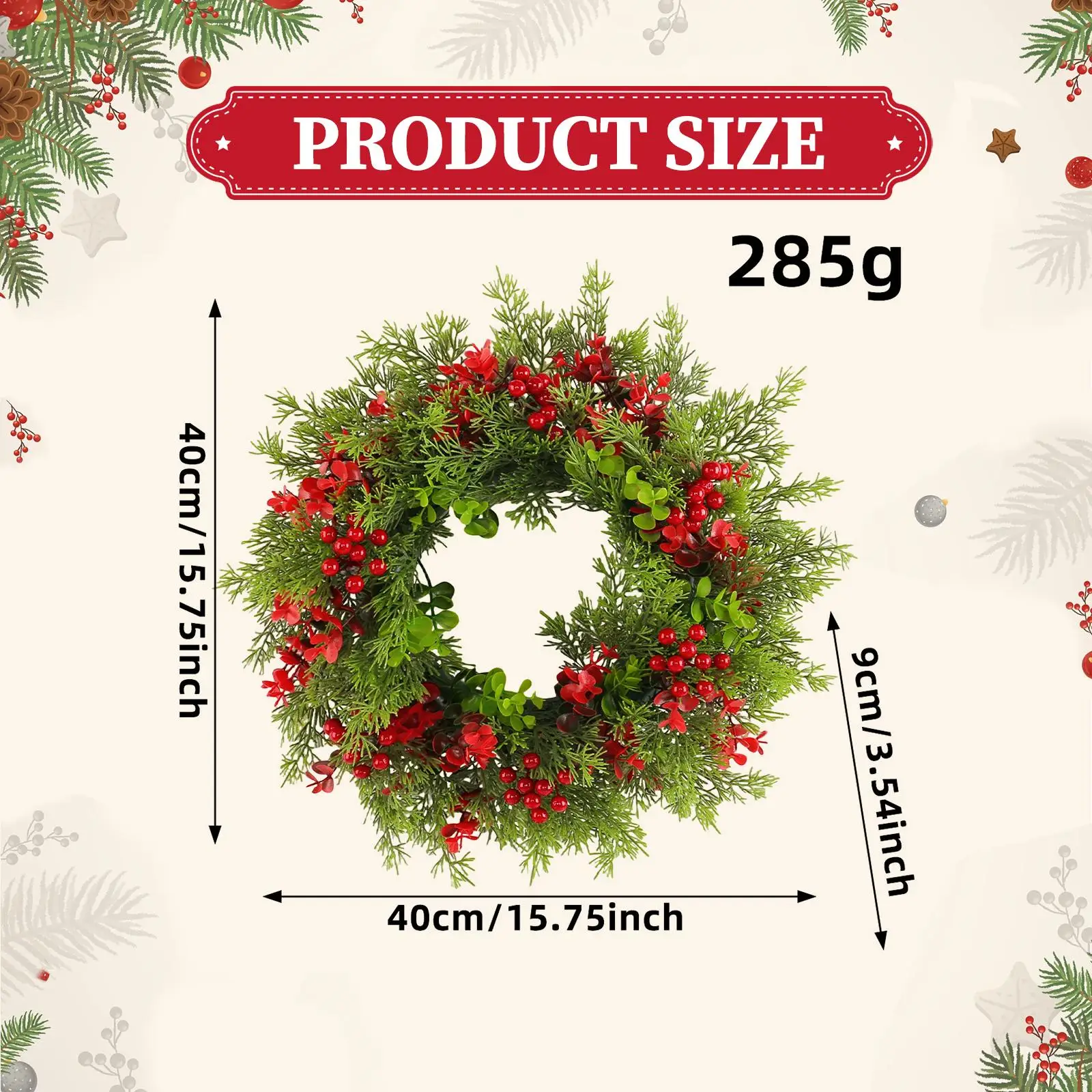 Artificial Christmas Wreath,Red Berries,Front Door Wreath Holiday Garland Xmas Decor for Wall,Hotel Fireplace Balcony Wedding Artificial Christmas Wreath,Red Berries,Front Door Wreath Holiday Garland Xmas Decor for Wall,Hotel Fireplace Balcony Wedding