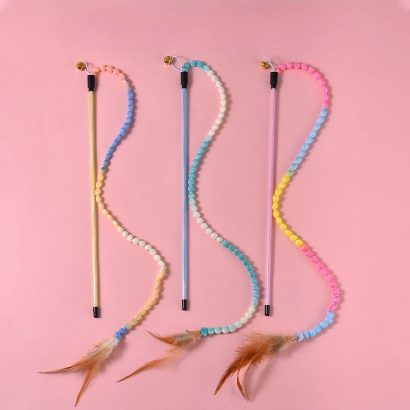 3 uds juguetes interactivos de varita de arcoíris para gatos y gatitos de interior, varita de rompecabezas de gato colorida, juguete de peluche de cuerda, juguetes de plumas de gato