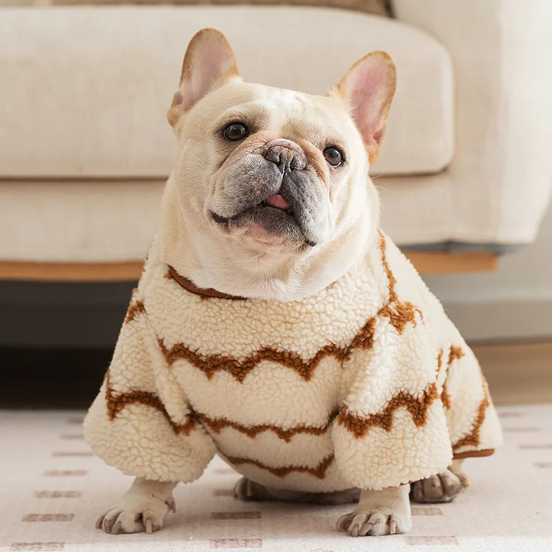 Ropa de lana para perros Bulldog, disfraz de rayas onduladas cálidas para invierno, chaqueta para mascotas para perros pequeños y medianos, accesorios para mascotas al aire libre - imagen 2