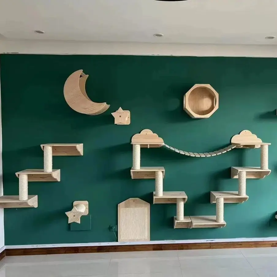 Juego montado en la pared de madera maciza para gatos, postes rascadores, plataforma de hamaca para gatos, estantes de escalada para jugar, 1 unidad