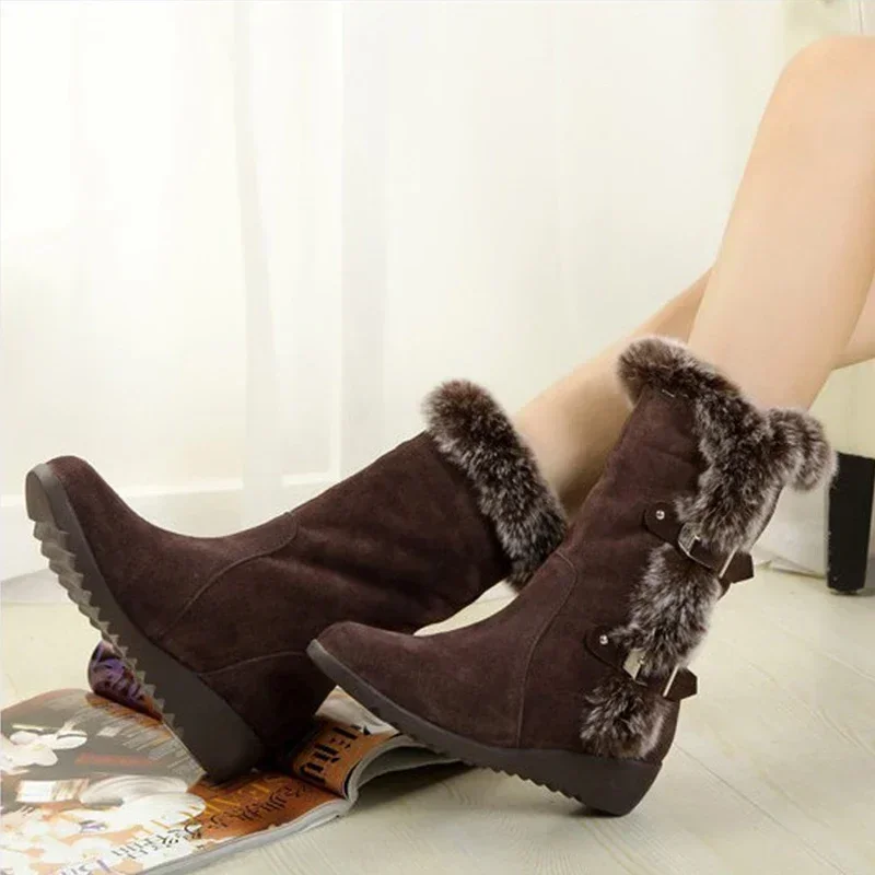 Nuevas botas de invierno para mujer, botas informales de piel cálida a media pantorrilla, zapatos para mujer, cuñas sin cordones con punta redonda, botas de nieve, zapatos para mujer de talla grande 42 - imagen 4