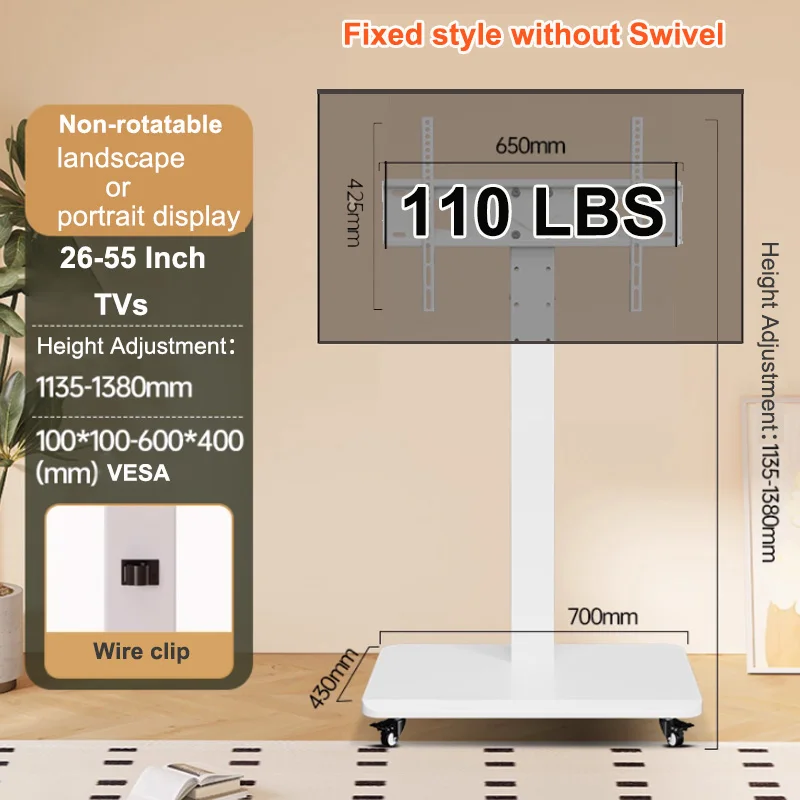 Carro de TV móvil ajustable en altura con ruedas – Soporte para piso - imagen 2
