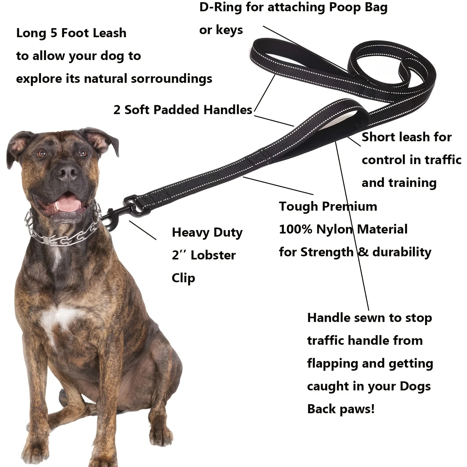 Correas para perros, cadena de entrenamiento para perros de viaje al aire libre, plomo resistente con doble mango para mayor Control, entrenamiento de seguridad, doble mango - imagen 3
