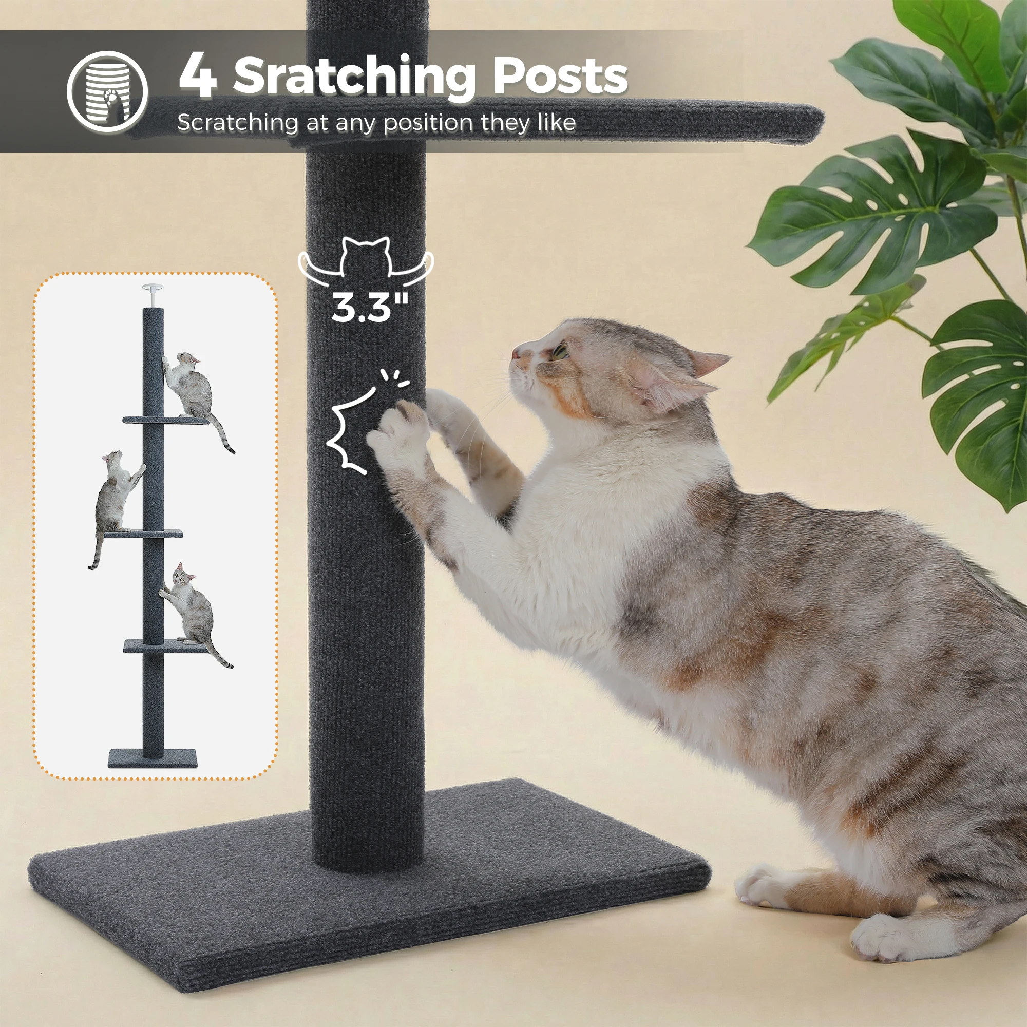 Árbol para gatos de suelo a techo – Torre con postes rascadores y juguetes - imagen 5