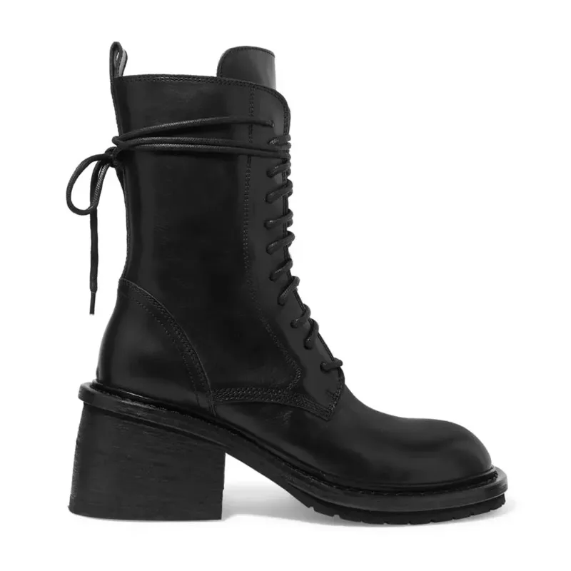 2025 marca de invierno de alta calidad Chic Cool botines de mujer moda negro tacones de bloque con cordones cremallera motocicletas botas zapatos - imagen 5