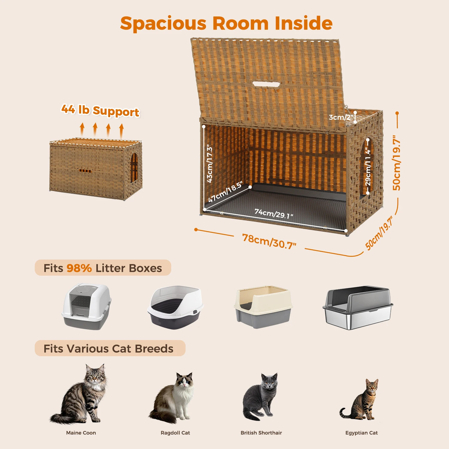 Caja de arena para gatos de ratán con puerta más alta y diseño abatible, alfombrilla con borde elevado más espacio, muebles para gabinete de casa para gatos - imagen 2