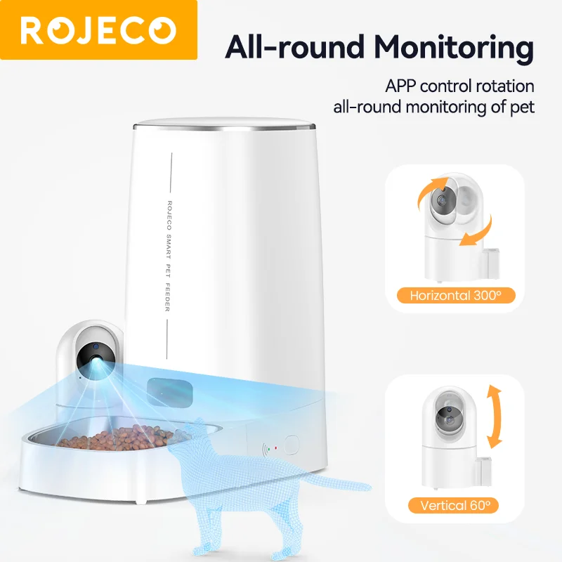 ROJECO-comedero automático para gatos, 4L, con cámara de vídeo, dispensador de comida para gatos, WIFI, llamadas de voz inteligentes, alimentador automático para gatos, perros y mascotas