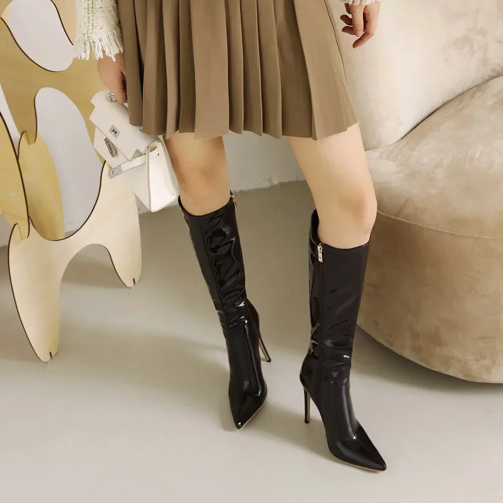Botas modernas hasta la rodilla Para Mujer, zapatos De charol De talla grande 34 ~ 46, zapatos De fiesta De PU De aguja sexys, Botas De Invierno Para Mujer 2024 - imagen 3