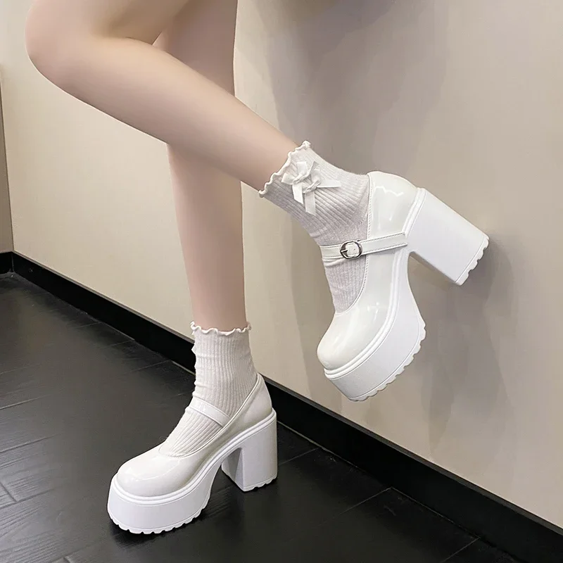 Mary Jane-zapatos de tacón alto con plataforma para mujer, calzado de tacón grueso con hebilla y Correa, estilo gótico, color blanco, a la moda, para fiesta - imagen 2