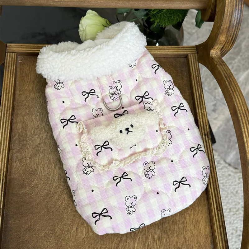 Ropa para perros con diseño de lazo clásico bonito para mascotas, abrigo de algodón grueso para mascotas, monos cálidos de cuatro patas con hebilla de tracción para invierno - imagen 4