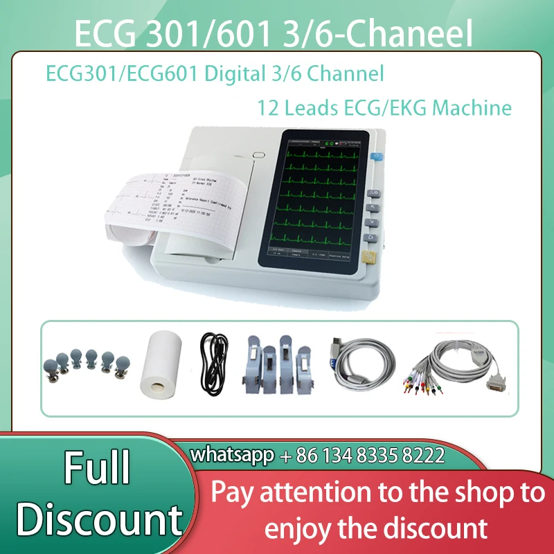 Pantalla táctil de 7 pulgadas para uso humano/veterinario, electrocardiógrafo Digital ECG301 /ECG601 de 3/6 canales, 12 cables, máquina ECG/EKG con software - imagen 2