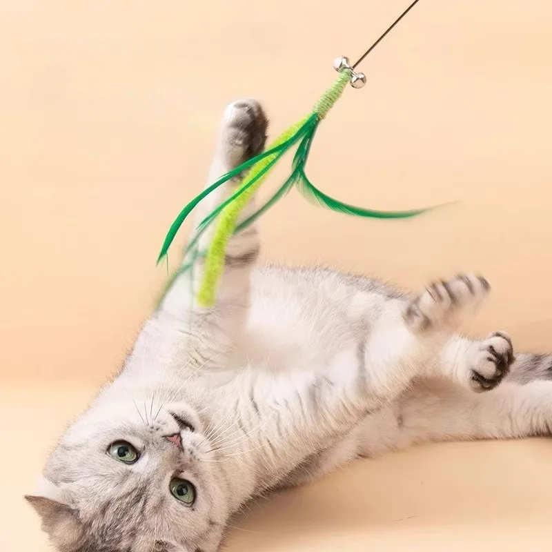 Cola de perro hierba gato palo de burlas juguetes de plumas para mascotas varilla larga juguetes interactivos de mano para gatito con campana - imagen 5
