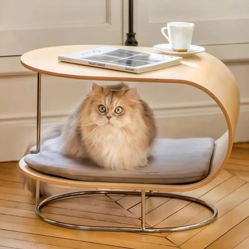 Cama móvil para gatos, mesa de madera para gatos, casa con cojín para gatos y gatitos, mesas de centro con ruedas extraíbles, camas para cachorros y gatitos