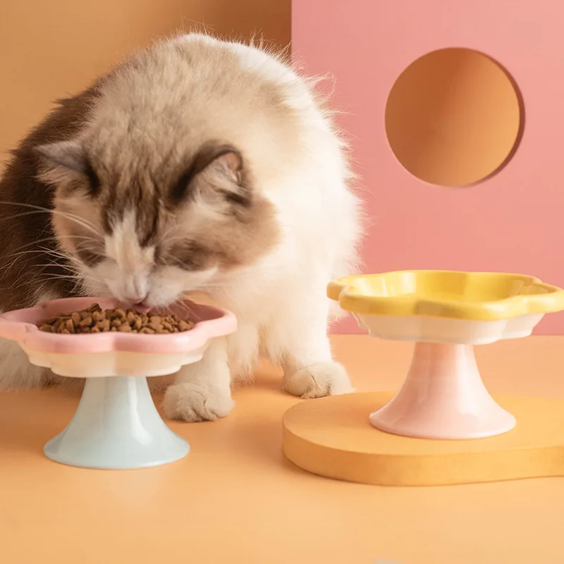 Cuenco de cerámica para gatos de patas altas, diseño de flores de macarrón elevado, plato de agua y comida para mascotas con Base antideslizante, alimentación cómoda - imagen 3