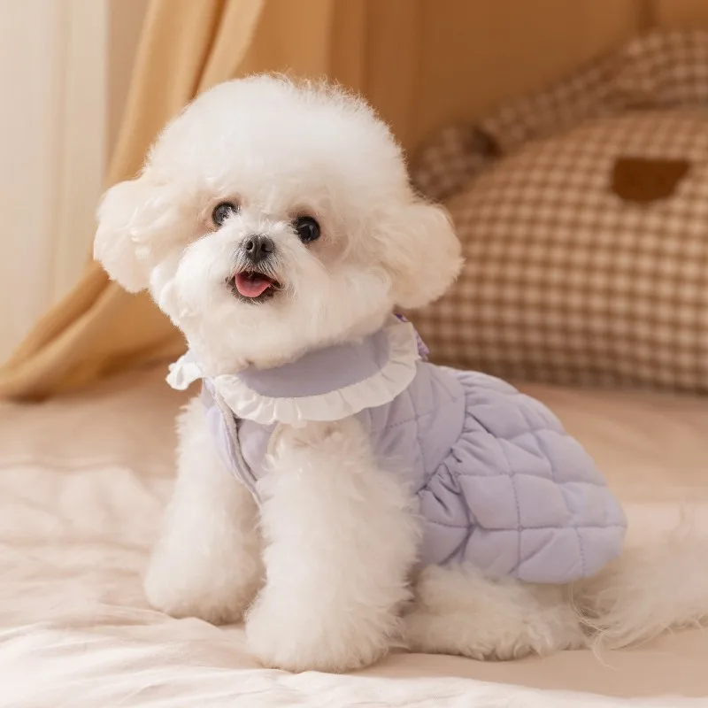 Vestidos de algodón de invierno para mascotas, ropa para perros de Color sólido, chaqueta cálida y gruesa para perros de peluche, abrigo estilo princesa - imagen 5