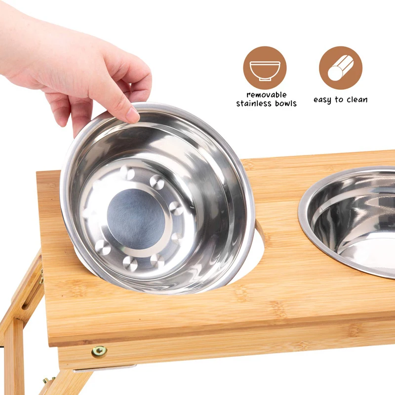 Benepaw-cuencos dobles elevados de acero inoxidable para perros y gatos, comedero antideslizante de bambú no tóxico para mascotas, altura ajustable, duradero - imagen 5