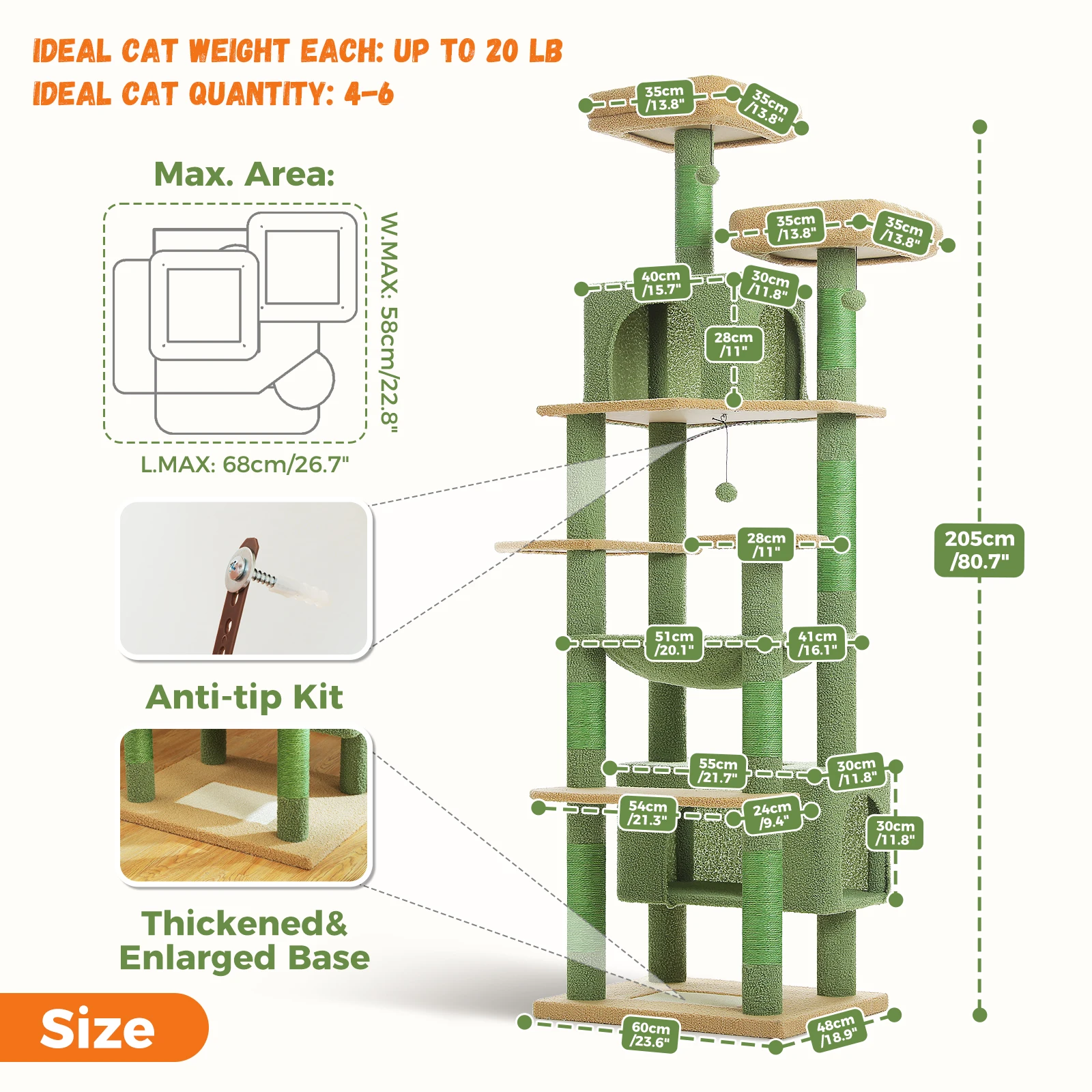 Torre de árbol para gatos de 205cm de alto condón doble, hamaca y perchas de gran tamaño, condón extra grande XL con postes rascadores para gatos grandes - imagen 3