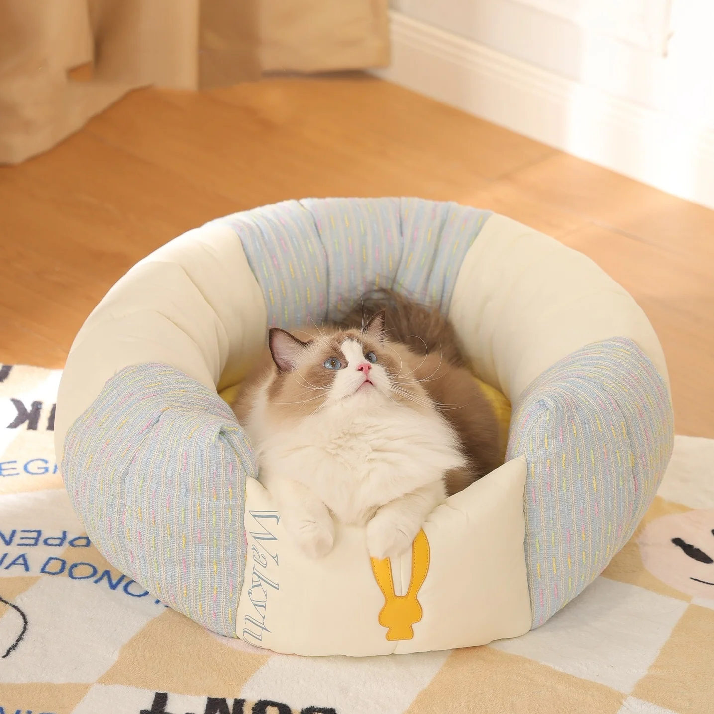 Cama para gatos en forma de donut de alta gama, fondo antideslizante, cama redonda con cojín para gatos y perros, camas para mascotas de lujo de tela súper suave y duradera