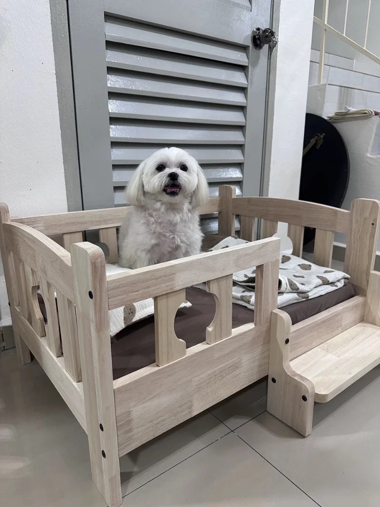 Cama de madera maciza para mascotas, marco de cama de madera para perros, muebles tipo perrera, productos para mascotas, soporte de cama, valla elevada, esquinas redondeadas para gatos y perros - imagen 2
