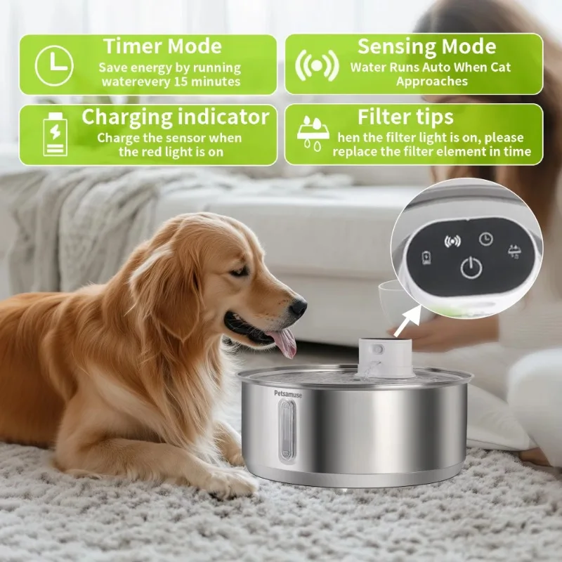 Fuente de agua automática para perros de acero inoxidable, 8L, 5000mAh, bebedero inalámbrico para mascotas, batería y Sensor, dispensador 2 en 1 para perros grandes - imagen 3