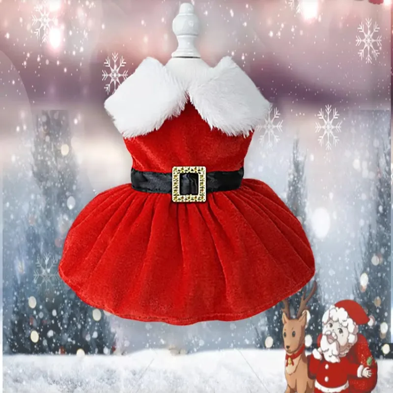 Traje festivo para mascotas para perros pequeños y medianos Vestido navideño de terciopelo para perros con cuello peludo, - imagen 2