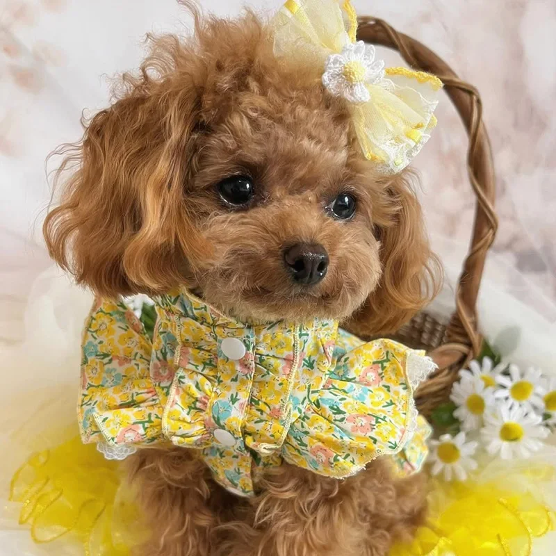 Ropa para mascotas, vestido Floral de verano, camisa con mangas voladoras para cachorros, camiseta sin mangas para perros, vestido con lazo Floral de peluche, ropa refrescante para perros pequeños - imagen 3