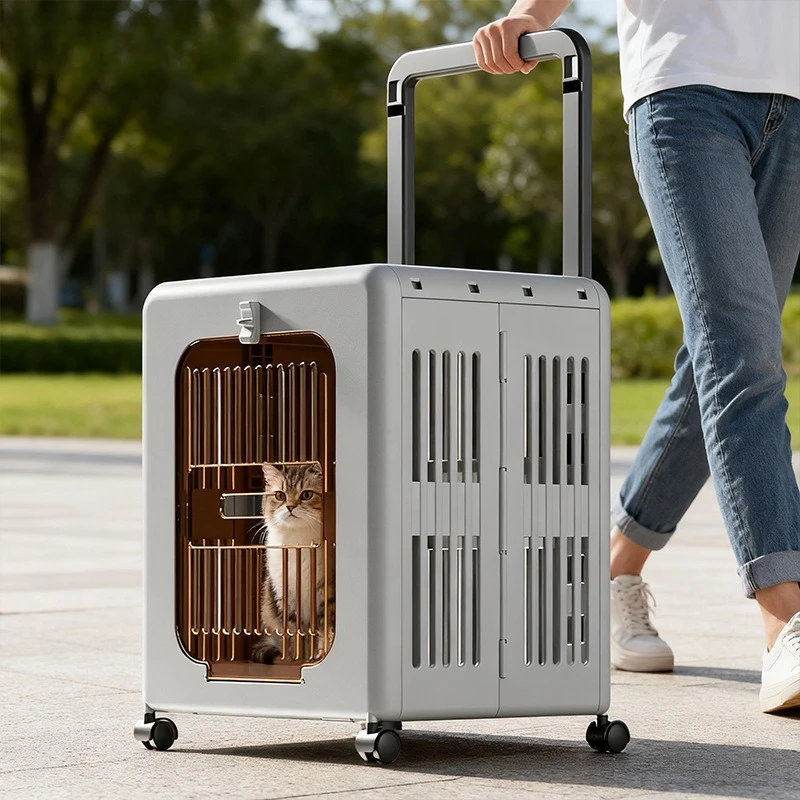 Transportín para gatos al aire libre con rueda, mango telescópico, transpirable, duradero, caja transportadora de viaje para perros pequeños, bolsa grande transparente para mascotas