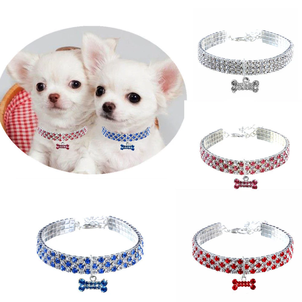 Collar con colgante de hueso para perros pequeños, joyería de cristal ostentosa de lujo, Collar de perro con diamantes de imitación de 3 filas, elástico ajustable para cachorros y gatos - imagen 2