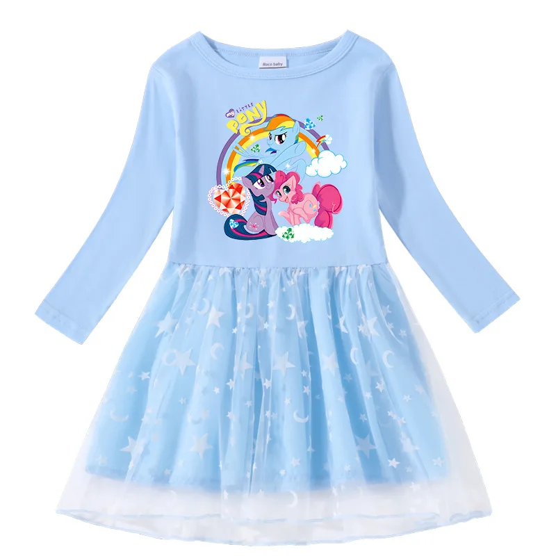 My Little Pony primavera y otoño nuevo vestido lindo para niñas algodón estampado dibujos animados estrella Luna malla vestido de princesa de manga larga regalos juguete - imagen 2