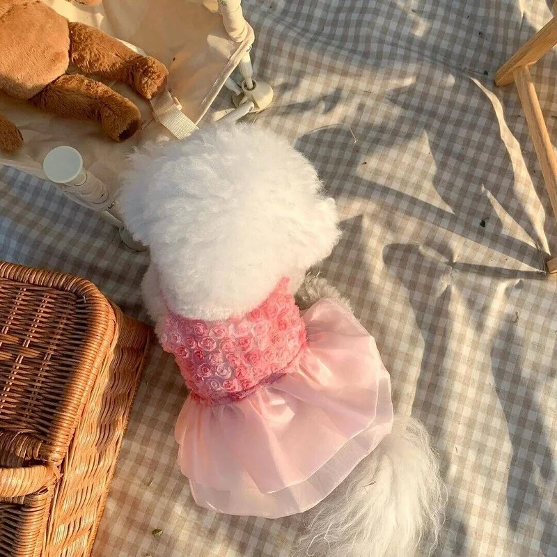 Vestido de princesa para perros pequeños, ropa de verano para cachorros, encaje rosa, vestido de novia para perros Chihuahua, falda para perros Pug - imagen 3