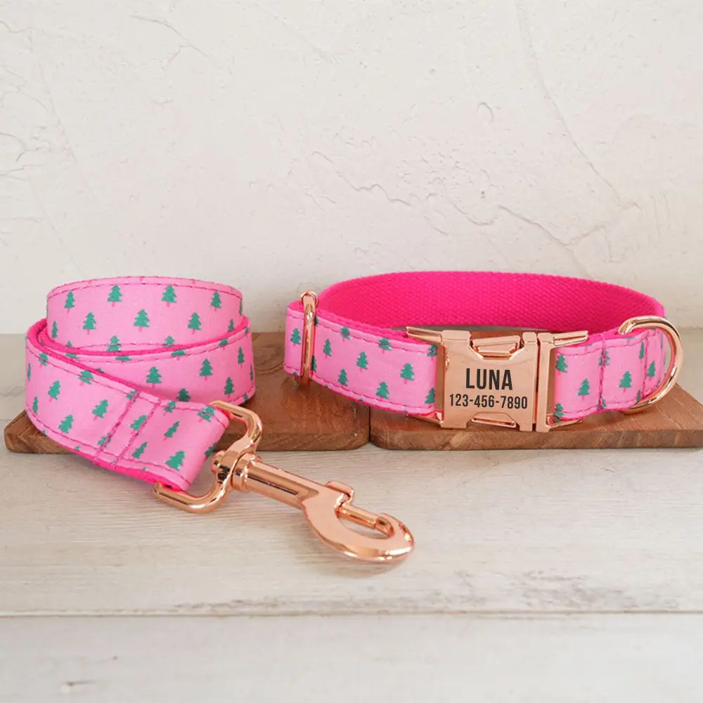 Collar de perro personalizado con grabado gratuito, correa para mascotas a juego, hebilla de Metal de contactos personalizados, Collar rosa de árbol de Navidad