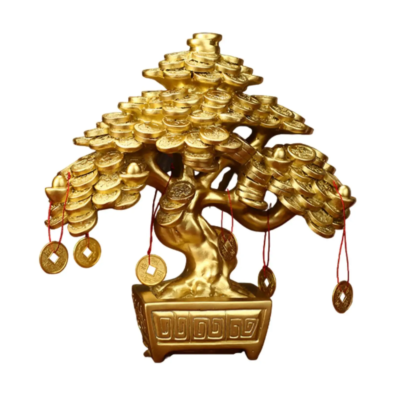 Chinese Money Tree Tabletop Decoration Golden Color Feng Shui Decoration Resin Figurine 17.5x9x19.5cm for Bedroom Lightweight