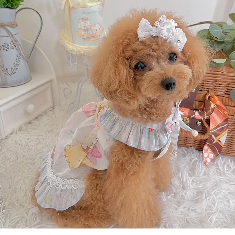 Vestidos para cachorros Ins, vestido de verano para perros, vestido con estampado de dibujos animados de encaje con volantes, trajes de peluche, Chihuahua, caniche, ropa, vestido de gato - imagen 2